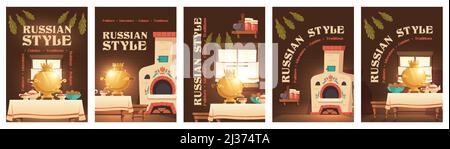 Affiche de style russe avec vieille cuisine rurale intérieur substance samovar sur la table avec théière et boulangerie dans les assiettes, Cuckoo-clock, confiture et ustensiles o Illustration de Vecteur