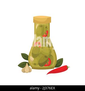 Illustration vectorielle d'un pot d'olives marinées. Préparations pour l'hiver. Illustration de Vecteur