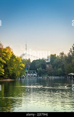 Paysage d'automne d'un petit lac dans le centre du parc Almaty sur le fond de la tour de télévision sur Kok-Tobe. Almaty, Kazakhstan - Oktober, 14, 20 Banque D'Images