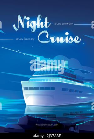 Croisière de nuit sur un bateau de dessin animé, invitation à réserver un billet sur un voyage moderne en mer, voyage en mer sur un voilier de luxe à l'tropical l Illustration de Vecteur