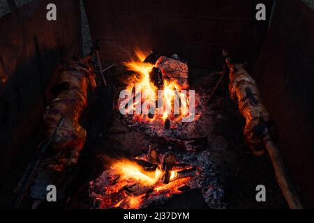 Deux cochons entiers rôtisant sur la broche à côté du feu, rôtisserie ou broche torréfaction porg, coutume serbe, tradition orthodoxe, préparation de nourriture pour Noël Banque D'Images