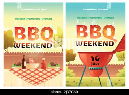 Affiches de dessin animé pour le week-end de barbecue ou invitation à une fête à l'extérieur avec barbecue et nourriture sur table. Pique-nique au barbecue sur la pelouse d'été dans le parc ou g Illustration de Vecteur