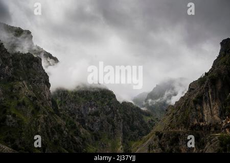 Des falaises abruptes de calcaire et des gorges profondes sous les nuages en un jour gris pluvieux Banque D'Images