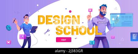 Design School bande dessinée web, les concepteurs professionnels avec des tablettes graphiques créent des projets sur des écrans d'interface de réalité augmentée. Cours créatifs Illustration de Vecteur