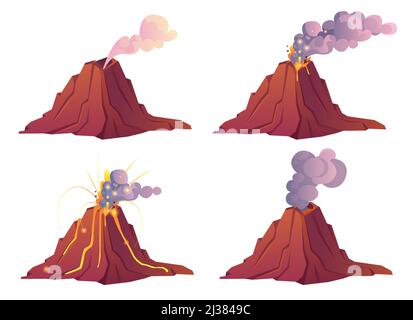 Stades d'éruption volcanique. Le volcan éclate de lave chaude, de feu et de nuages de fumée, de cendres et de gaz. Ensemble de dessin animé vectoriel de montagne avec cratère et flux m Illustration de Vecteur