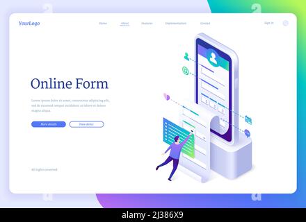 Bannière de formulaire en ligne. Application Web pour compte d'enregistrement, enquête numérique. Page de renvoi vectorielle avec illustration isométrique de la personne qui remplit le profil Illustration de Vecteur