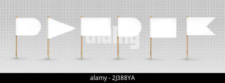 Drapeaux de cure-dents, bannières blanches de formes différentes sur bâtons pointés en bois. Pennants ovales, triangulaires, rectangulaires et à double arête isolés sur le transp Illustration de Vecteur