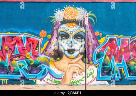 Notre Dame de la Sainte mort, Nuestra Señora de la Santa Muerte graffiti à Los Angeles, Californie, Etats-Unis. Banque D'Images