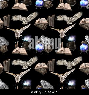 Motif aquarelle sans couture volant magie hibou grange hibou. Une illustration réaliste d'un hibou. Papier numérique. Oiseau blanc avec ailes et tête beige Banque D'Images