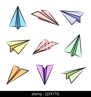 Différents plans de papier dessinés à la main. Des avions colorés. Icône avion, silhouettes avion simples. Contour, illustration vectorielle. Illustration de Vecteur