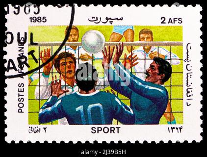 MOSCOU, RUSSIE - 26 MARS 2022 : timbre-poste imprimé en Afghanistan montre Volleyball, série Sport, vers 1985 Banque D'Images