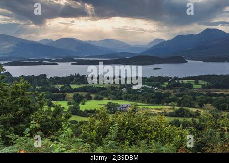 Panorama du Loch Lomond avec un fond de Luss Hills, Arrochar Hills et Ben Lomond, vu de Duncryne Hill, Gartocharn, The Dumpling, Écosse Banque D'Images