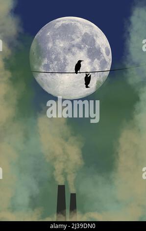 De la fumée nocive est vue la nuit. Les oiseaux, un vivant, un mort sont sur un fil en face de la lune dans cette illustration de 3 jours sur la pollution tuant les friches Banque D'Images