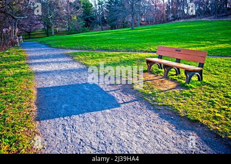 Un banc en bois projette une longue ombre en fin d'après-midi lors d'une journée ensoleillée au début du printemps à Holmdel Park, New Jersey -05 Banque D'Images