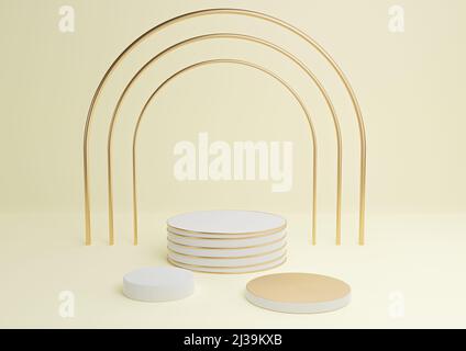 Pastel, clair, jaune d'agrumes 3D rendu simple produit afficher cylindre podiums avec luxe or arc et lignes trois stands minimum arrière-plan abst Banque D'Images