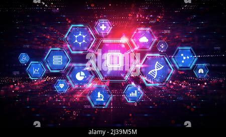 Bioinformatique et informatique de la santé concept - icônes médicales et informatiques sur la technologie contexte - nouveaux outils et systèmes pour comprendre Compl Banque D'Images