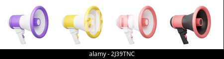 Jeu d'illustrations de rendu du haut-parleur 3D. Mégaphone de différentes couleurs isolé sur fond blanc pour annoncer. Banque D'Images