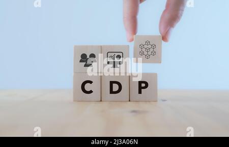 Concept de plate-forme de données client (CDP). Outil de marketing avantage pour les affaires en ligne. Planification des données pour la gestion de la base de données client et accessible aux autres Banque D'Images