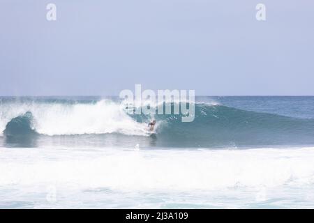 Surfeur attrapant une vague au Banzai Pipeline à Hawaï Banque D'Images