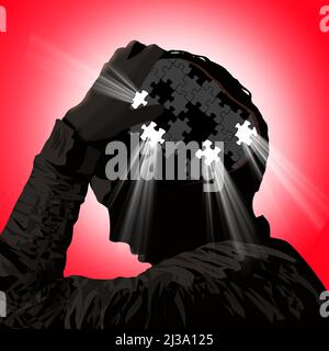L'intérieur de la tête d'une personne ressemble à un puzzle avec des pièces manquantes et de la lumière qui traverse les opinings dans cette illustration de 3 jours à propos de Banque D'Images