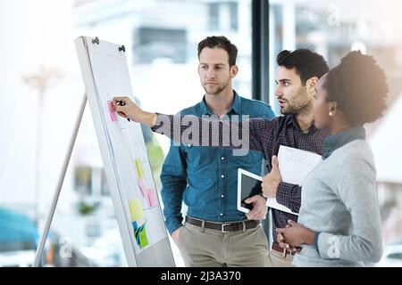 L'excellence suit un bon plan. Image rognée de collègues ayant une discussion à l'aide d'un tableau blanc dans un bureau. Banque D'Images