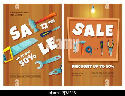 Affiches de vente d'outils de construction. Bannières de la boutique de matériel avec solde et remise. Prospectus vectoriels avec illustration de dessin animé de travaux de menuiserie et de réparation dans Illustration de Vecteur