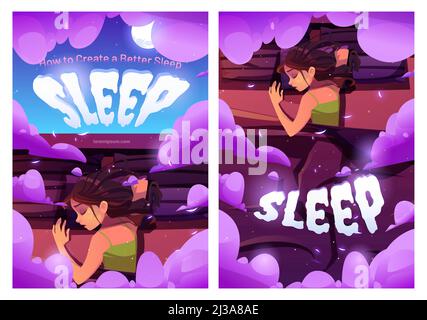 Comment créer une meilleure affiche de dessin animé de sommeil. Jeune femme allongé sur des oreillers dans la vue du dessus du lit, sieste de fille dormante à la maison ou à l'hôtel, se détendre et dormir Illustration de Vecteur