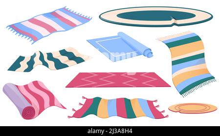 Ensemble de tapis ou de tapis de différentes formes, motifs et couleurs. Revêtement de sol, décoration intérieure, tapis avec bords à franges, décoration intérieure confortable isolée Illustration de Vecteur