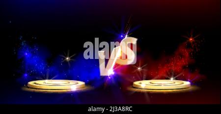 Contre le design de l'écran avec des podiums dorés pour les combats de jeu, la compétition sportive et le défi. Modèle vectoriel de titre avec symboles VS or et rond Illustration de Vecteur