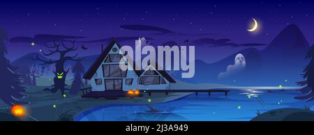 Halloween effrayante illustration avec vieille maison effrayante, citrouilles, fantômes et chauves-souris. Paysage de nuit de dessin animé vectoriel avec chalet hanté cassé, arbres noirs Illustration de Vecteur