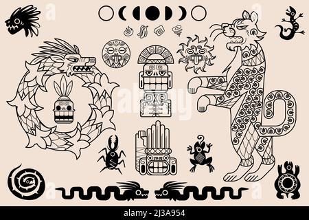 Ornements aztèques et mayas, motifs tribaux mexicains anciens. Art indigène ethnique ensemble vectoriel d'illustrations géométriques indiennes mexicaines traditionnelles avec un Illustration de Vecteur