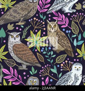 Motif sans couture avec chouettes chouettes, plantes forestières et baies pour le design et le textile. Illustration de Vecteur