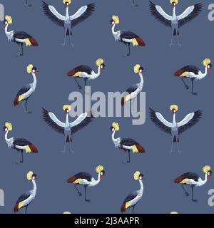 Motif vectoriel sans couture avec oiseaux de grue couronnés. Illustration de Vecteur