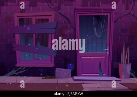 Ancienne façade de maison en briques avec porte cassée et fenêtre boarquée la nuit. Illustration vectorielle d'un bâtiment résidentiel abandonné avec des fissures en W Illustration de Vecteur