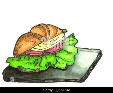 Un croissant dessiné à la main sur une assiette en ardoise noire. Petit déjeuner avec œufs, tomates, laitue. Banque D'Images