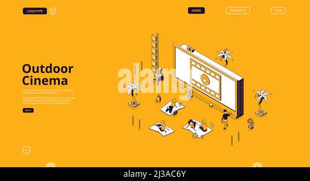 Bannière cinéma d'extérieur. Cinéma en plein air dans le parc public ou dans l'arrière-cour. Page d'accueil Vector avec illustration isométrique de la pelouse d'été avec les gens Illustration de Vecteur