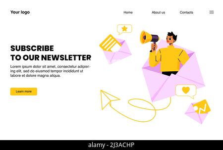 Abonnez-vous à notre newsletter page d'accueil, email news abonnement, blog mise à jour messages soumettre avec le promoteur yell à haut-parleur dans une énorme enveloppe, marketing, affaires de médias, Line art vecteur web bannière Illustration de Vecteur