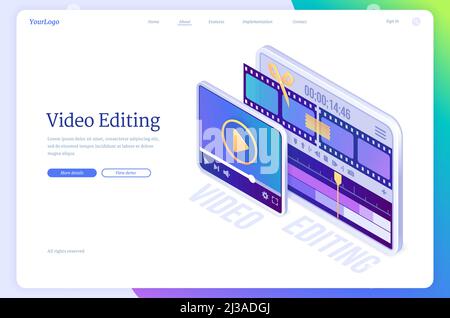 Bandeau d'édition vidéo. Logiciel de montage de films, application de montage de contenus multimédias et de production de films. Page de renvoi vectorielle avec illustrat isométrique Illustration de Vecteur