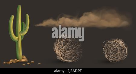 Cactus, nuages de poussière bruns et tumbleweed, boules de mauvaises herbes sèches isolées sur fond gris. Ensemble vectoriel réaliste de sable d'écoulement, plante verte du désert et rollin Illustration de Vecteur