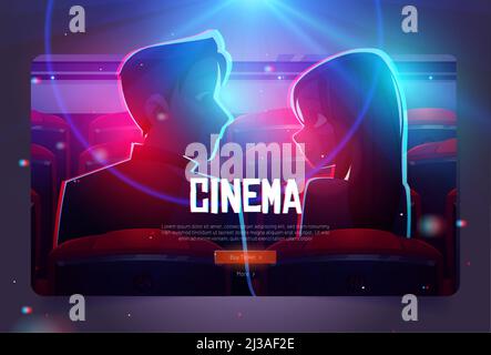 Cinéma bande dessinée web bannière, couple aimant dans le cinéma, homme et femme regardent l'un sur l'autre assis dans le hall vide devant de l'écran lumineux avec film, b Illustration de Vecteur