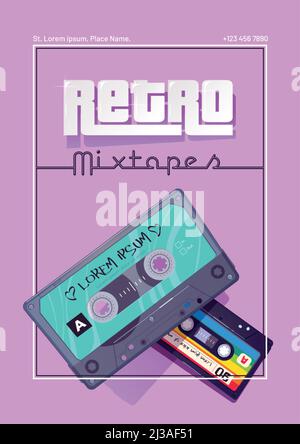 Affiche de dessin animé rétro mixtapes avec cassettes audio, cassettes mixtes, stockage multimédia pour la musique et le son sur fond rose. Vintage style analogique hipster devi Illustration de Vecteur