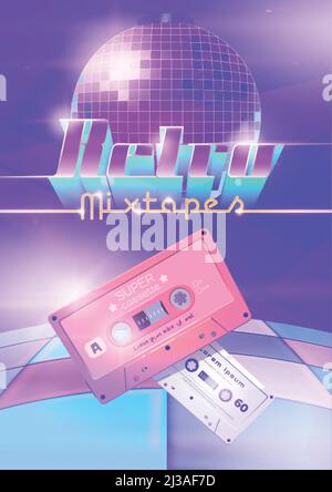 Affiche de dessin animé rétro mixtapes avec cassettes audio, boule disco et piste de danse. Mix Tapes Store ad, vintage style Analog Devices pour la musique et le son p Illustration de Vecteur