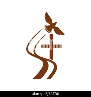 Le christianisme religion vecteur icône colombe voler au-dessus de la croix. Crucifix catholique chrétien et pigeon symbole marron dessiné à la main, foi et thème religieux e Illustration de Vecteur