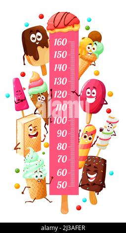 Tableau des hauteurs pour enfants avec desserts à base de crème glacée et personnages de dessins animés, compteur de croissance vectoriel. Règle de mesure pour enfant ou tableau de hauteur avec desserts glacés à la glace, chocolat et glace de fruits dans des cônes de cachets Illustration de Vecteur