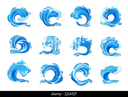 Icône tsunami océan et surf. Vagues de mer isolées de tempête bleue, vecteur de dessin animé écrasant les vagues de marée de l'océan, ouragan ou typhon éclaboussures de mer avec de la mousse d'eau, des tourbillons d'aqua, des gouttes et des ondulations Illustration de Vecteur