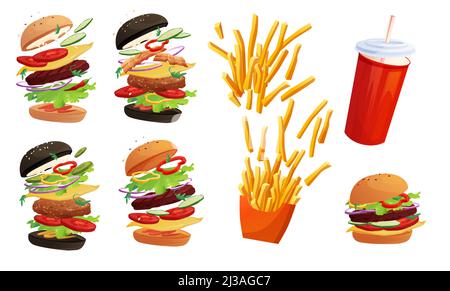 Délicieux hamburger volant avec Chili, tomate, fromage, concombre, viande, oignon, ketchup et salade. Petits pains au sésame. Illustration de dessin animé. Illustration de Vecteur