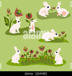 Easter Holiday concept design dans des couleurs pastel style dessin animé scénario isolé illustration. Grand ensemble de 7 lapins cueillant des fleurs dans la prairie, donner Illustration de Vecteur