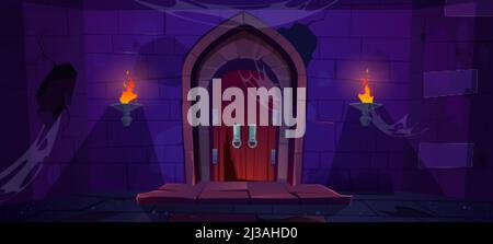 Porte en bois cassée dans le château médiéval. Ancienne porte en bois dans un mur en pierre avec torches flamboyantes la nuit. Illustration vectorielle de l'entrée du donjon, Illustration de Vecteur