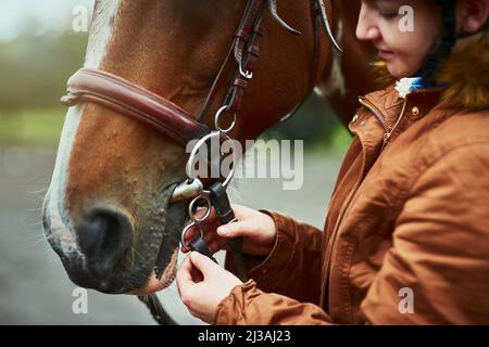 Theres jamais une bonne raison de ne pas conduire. Photo d'une adolescente se préparant à monter son poney dans une ferme. Banque D'Images