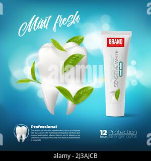 Dentifrice à la menthe, feuilles de menthe fraîche, dents et dentifrices verts réalistes. Vector White tooth avec 3D mockup de fines herbes, soins dentaires, tube de pâte de rafraîchissement et de blanchiment, tourbillon brillant, lumières de bokeh Illustration de Vecteur